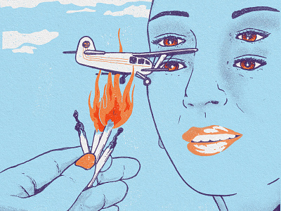 Airplane airplane drawing face fire flames four eyes halftones hand illustration ink matches photoshop poster print texture woman