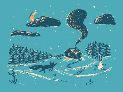 Winter Magic blue cabin clouds cold drawing frozen illustration magic magical man moon pine snow snowflake snowman star stars tree winter wolf