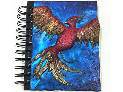 Polymer clay Phoenix journal/notebook arts and crafts blue clay fantasy gold journal notebook phoenix polymer polymer clay red yellow