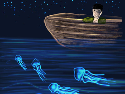 Glowing boat glowing jellyfish night sky procreate procreate illustration sea stars