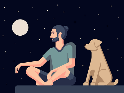 Man and dog look into the distance (night)