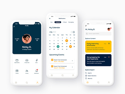 Tutor App Home, My Calendar, Profile