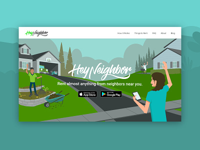 Hey Neighbor :: Hero application blue green hero home house illustration illustration style outdoors people rent residential shopping storage ui web