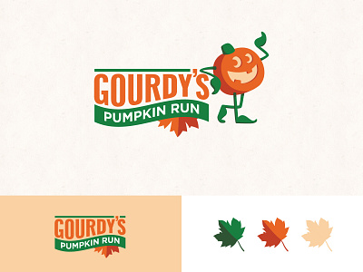 Gourdy's Pumpkin Run :: Logo 5k autumn branding character fall fall colors fun. leaves illustration logo mascot orange pumpkin run vector