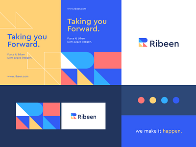 Ribeen - Identity system abstract app branding clever flat forward geometry growth icon identity letter logo mark minimal pattern technology triangle trust typeface