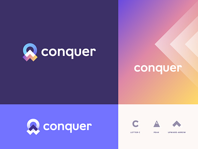 conquer arrow branding c clever design flat gradient icon letter logo mark minimal mountain negativespace overlay pattern peak