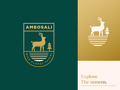 Ambosali adveture badge branding clever deer design explore flat icon illustration jungle logo mark minimal planet river safari tree water wild