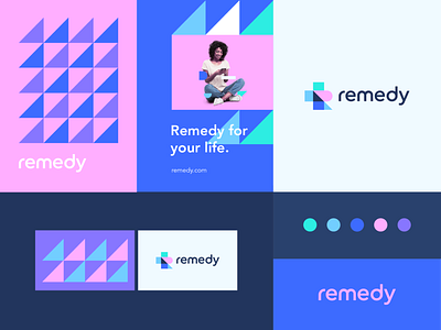 Remedy - Identity system abstract app branding clever cross design flat geometry icon letter logo mark medical minimal r technology ui women