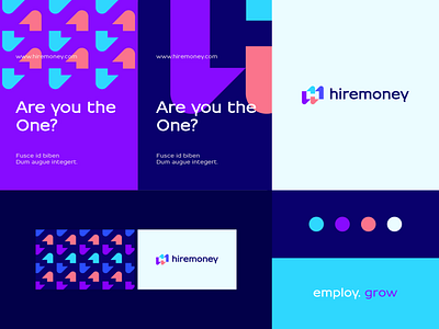 Hiremoney - Identity system abstract arrow branding clever corporate crypto design finance flat growth icon job letter logo mark minimal money negative space nft pattern