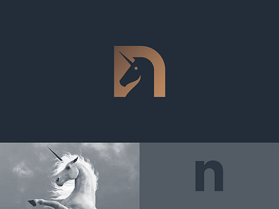 Unicorn mark aniaml branding clever gradient identity letter minimal n negative space unicorn