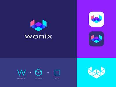wonix abstract app branding clever delivery letter logo package pixel w