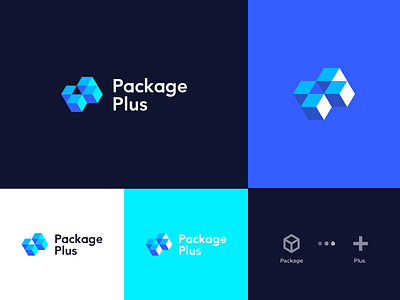 Package Plus 3d abstract branding clever delivery flat goods logo package plus technology