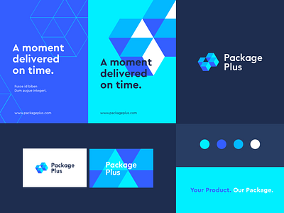 Package Plus - Identity system abstract box branding clever deliver flat icon identity letter logo mark minimal package pus technology