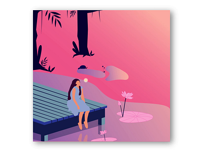 Lady sitting by the lake animation2d blue character girl illustration lake pink
