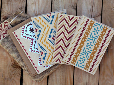 Finished set of hand printed Navajo-inspired note cards aztec bohemian hand silkscreened hero design studio kraft paper native navajo note cards