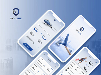 Sky Line - Flight Booking App blue clean creative design dark blue design flight booking illustration mobile app design mobile app development company new trend sky training ui uidesign ux