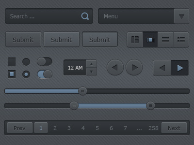 Dark UI Kit blue button dark interface kit pager radio search select slider toggle ui