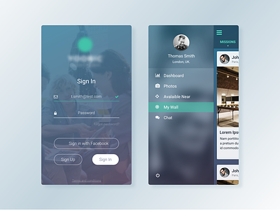 Social App android app cards feedback ios iphone menu picture profile sign in social ui