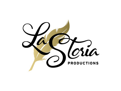 La Storia Productions Concept atypic feather hand drawn logo script