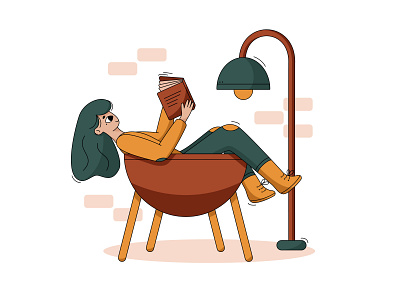 Reading 📚 adobe illustrator book character girl illustration journal lamp leisure leisure time read reading sofa vector web woman