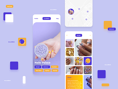 LocalNails: Tape with pictures, swipe tape with tags, map beauty branding bright concept dailyui dating icon pack instagram map mobile app nails photos pictures pinterst recommendation salon swipe tags tape uxui