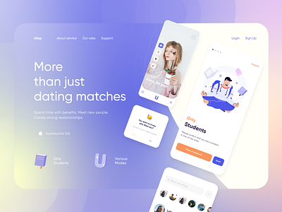 Dating for Students – Landing Page app branding dailyui dating desktop gradient illustration landing page love match message onboarding social network student swipe university web