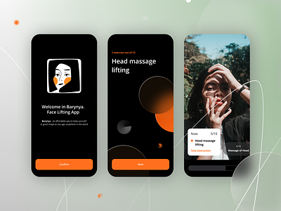 Face Lifting App 💆‍♀️ app beauty black courses dark theme education exercise app face face logo fitness app launch screen lifting logo massage mobile onboarding sport switch ui video