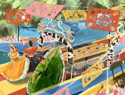 Xochimilco Boats character characterdesign design flat flower food illustration pattern