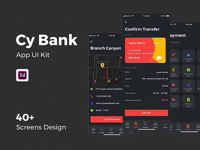 Cy Bank App Ui Kit - Dark Version [Adobe XD] app bank bank app bank design bank ui kit banking app design e wallet app e wallet design finance app finance design app