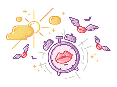 Wake me with a kiss alarm clock clouds illustration kiss lips love mouth sun sunrise wake up wings
