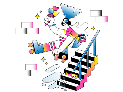 Roller Girl!⚡ bottle character girl gradients icecream illustration jump riso roller skate skating stairs streets vector walkman