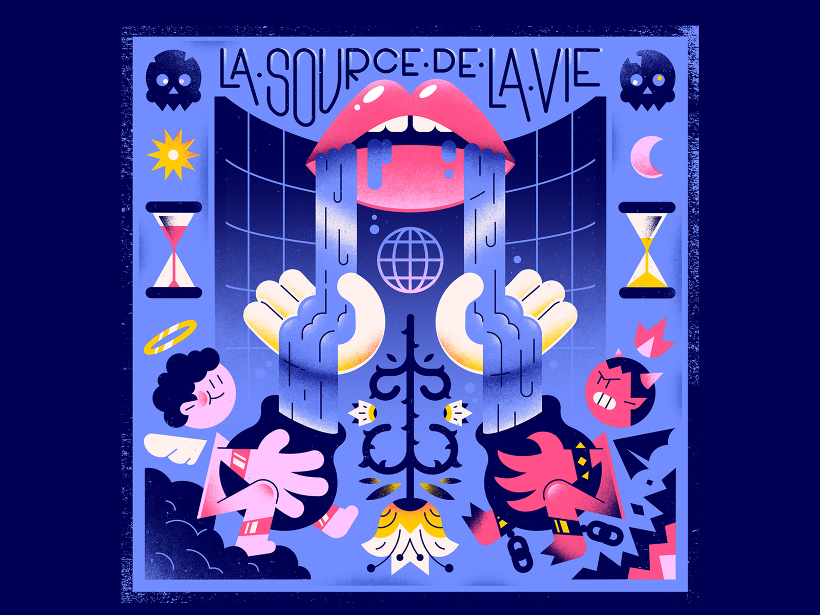 La Source De La Vie · The Source Of Life angel character clouds demon editorial illustration fire flower gradients illustration lips mouth skull textures time vector