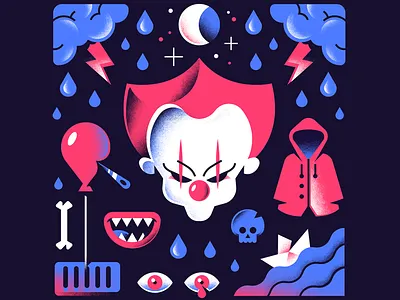 IT balloon bones book character clown editorial illustration eye freelance gradients illustration it moon mouth skull stephen king terror textures thunder vector water