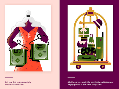 The Washington Post article bellhop cash character dollar dress editorial enisaurus freelance hotel illustration journal money newspaper suitcase textures tip tiping vector woman