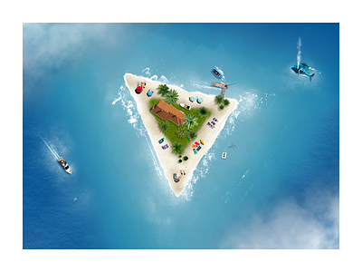 Triangle island beach boat fantasy hike one holiday island realistic sea sunny triangle vacation water waves