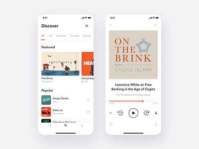 Podcast App app cards categories featured figma follow following icons ios lists media player mobile playlist podcasts popular search share sleep timer ui ux