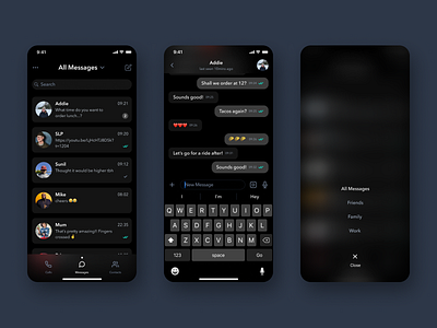 Messaging App 💬 chat dark mode dark theme dark ui figma figmadesign inbox ios messaging app messenger modals ui ux