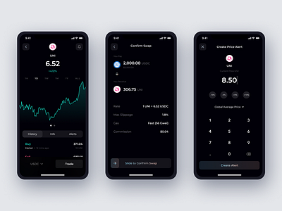 Token Swaps and Alerts 📈 alerts app blockchain crypto cryptocurrency data visualization dataviz defi design eth ethereum fintech ios mobile nft nfts price trading ui ux