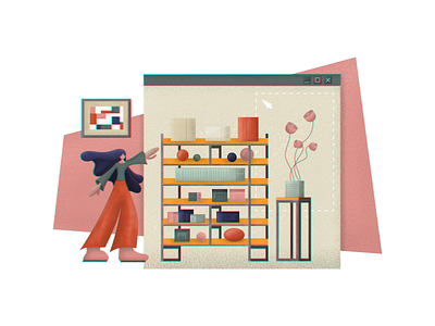 Cherish your hobby airbrush bookcase character fake perspective flat design furniture geometric hobby illustration modern modernist vibe my identity squares and spheres vector illustration