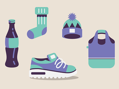 Object's icons bag bottle coke design hat icon icon design icon set illustration shoe sneaker sock vector