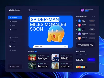 Playstation - concept Dashboard 3d app apple branding clean cuberto dashboard design emoji figma game games gameshop interface nft platform playstation token ui ux