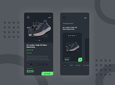 Shoe selling DARK theme app (UI Design) android app app app design app designer application mobile app design mobile ui software design ui ux ui desgin ui designer wonderful ui