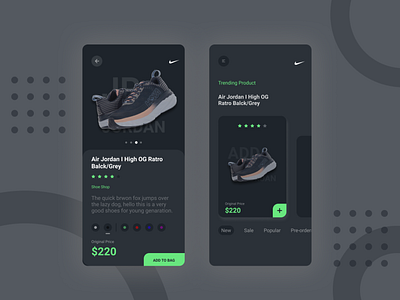 Shoe selling DARK theme app (UI Design)