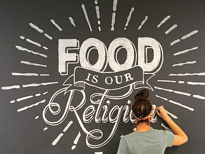 Food Is Our Religion austin black chalk chase food hand kettl mural pieous pizza typography white