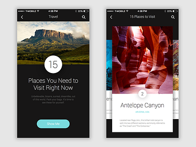 Content Exploration app cards clean ios iphone minimal mobile places travel ui ux visual design