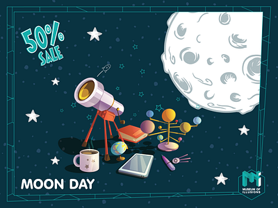 MOON DAY design facebook poster illustraion illustration art illustrator minimal moon moonday museum museumofillusions poster sale stars vector