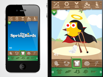 ui for "the SpringBirds" avatar creator app app button design icons iphone ui