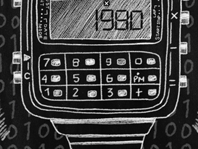 Calculator Watch black and white calculator chalk digital chalk geek geekery i remember whensday illustration watch