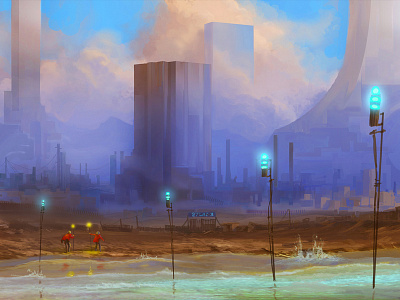 Industrial ruins lights sciencefiction sea skyscrapers