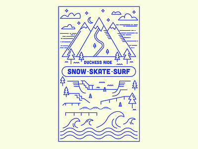 Duchess Ride | Snow-Skate-Surf clouds illustration line illustration line work mountains postcard skate skateboard skateboarding snowboard snowboarding surf surfing trees